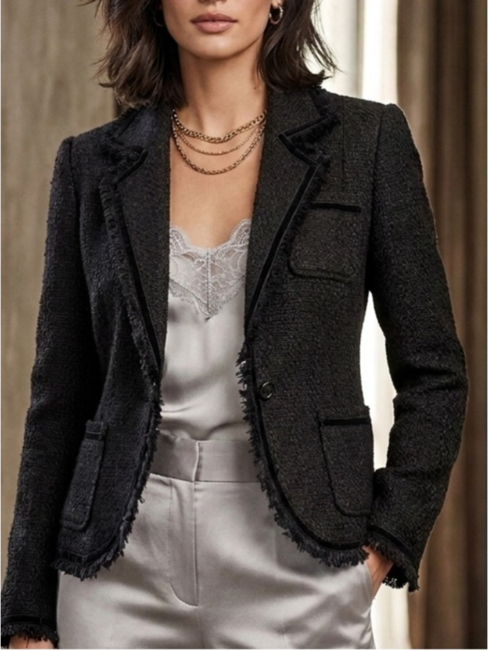 Reitmans Dialogue Brown Tweed Fringe Petite 10 Blazer Jacket Brown Velvet Trim